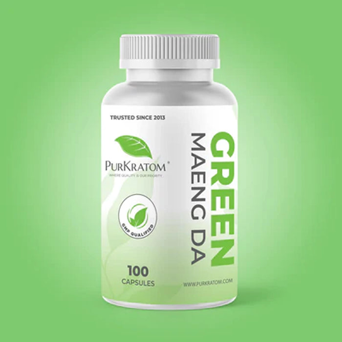 PurKratom Green Maeng Da Kratom Capsules 100-count bottle on a green background