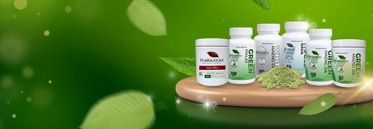 Explore PurKratom's product collection featuring a selection of kratom products displayed against the brand's signature green background. 