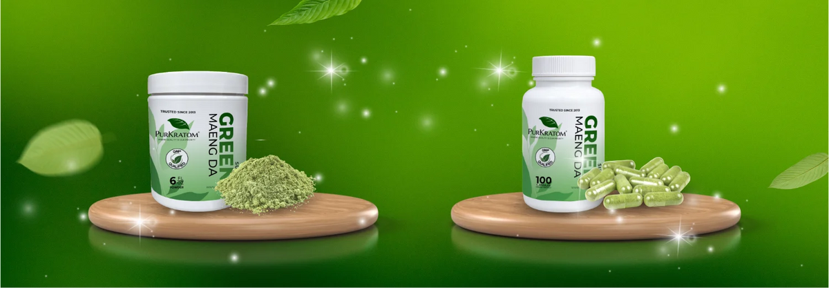 PurKratom Green Maeng Da kratom powder product displayed alongside green kratom powder in a branded container.