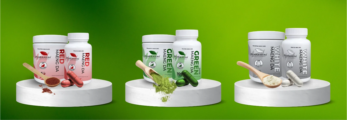 PurKratom Red Maeng Da and Green Maeng Da products displayed together, showcasing two kratom varieties from the brand's product collection. 