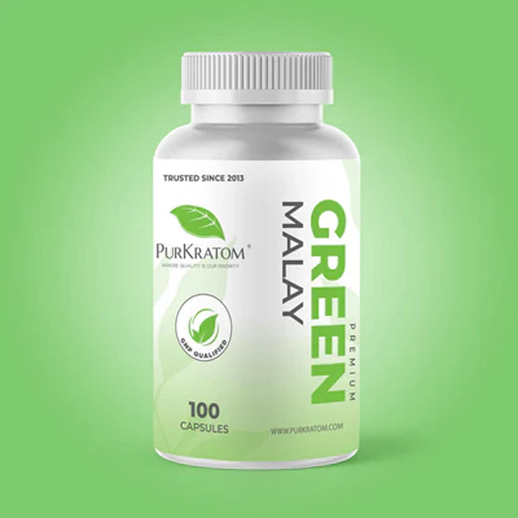 PurKratom Premium Maeng Da Kratom Capsules 100-count bottle on a green background